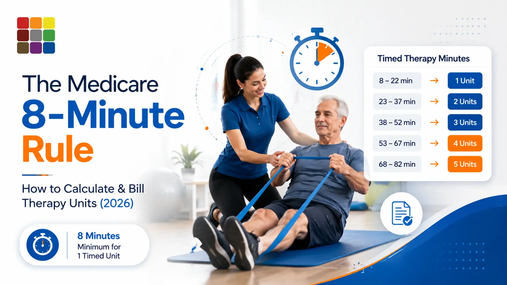 Medicare 8-minute rule 2026: how to calculate and bill physical therapy units, with the timed minutes to units chart and calculator for PT, OT and SLP
