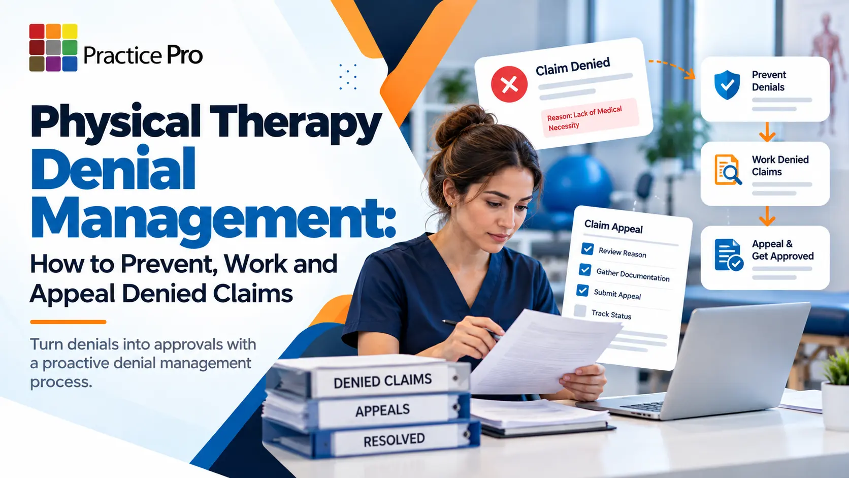 Physical therapy denial management: a billing specialist reviewing a denied claim and preparing an appeal, with steps to prevent denials, work denied claims and appeal for approval