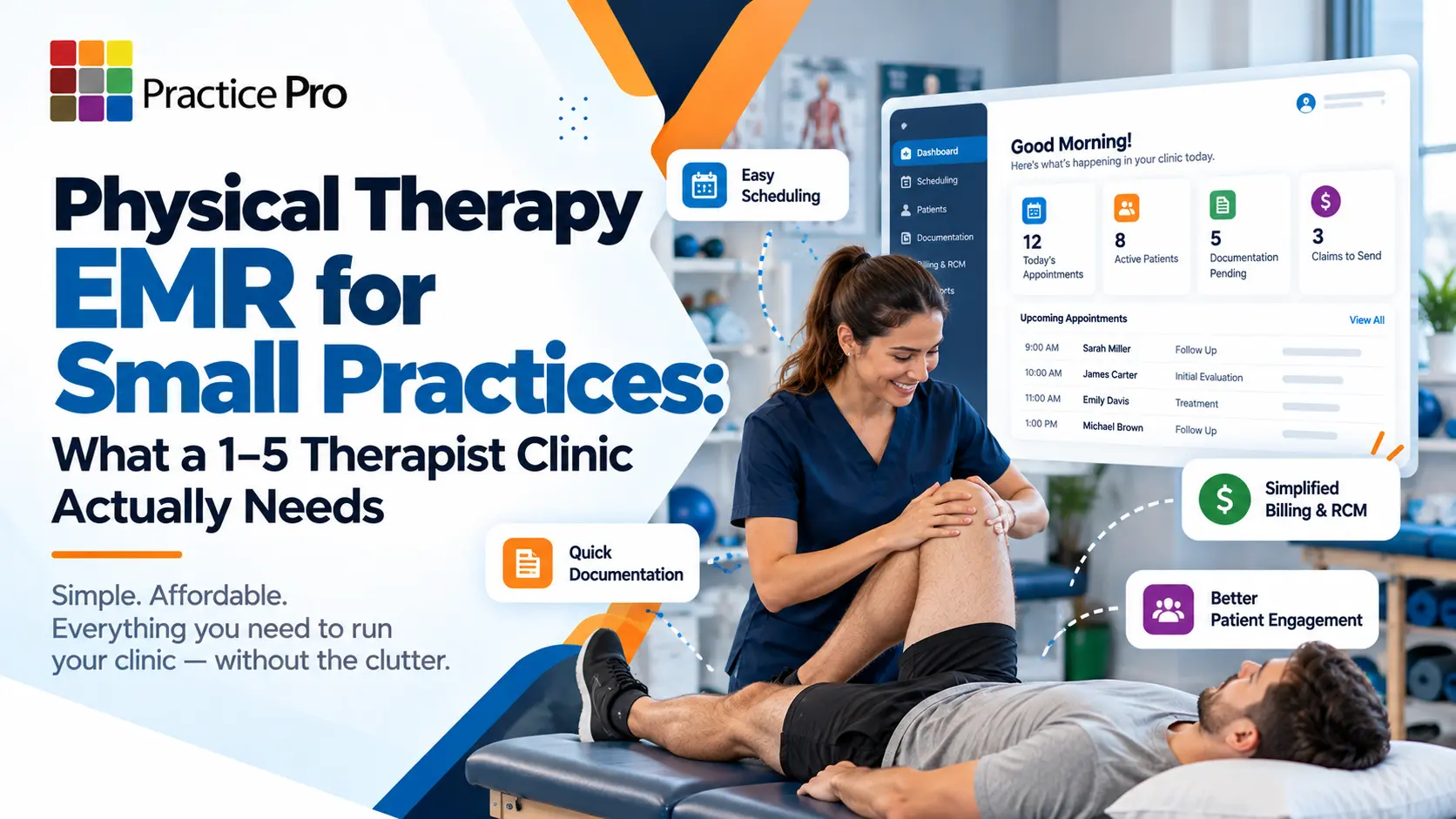 Physical therapy EMR for small practices: a physical therapist treating a patient's knee next to a Practice Pro dashboard with scheduling, documentation, billing and RCM, and patient engagement